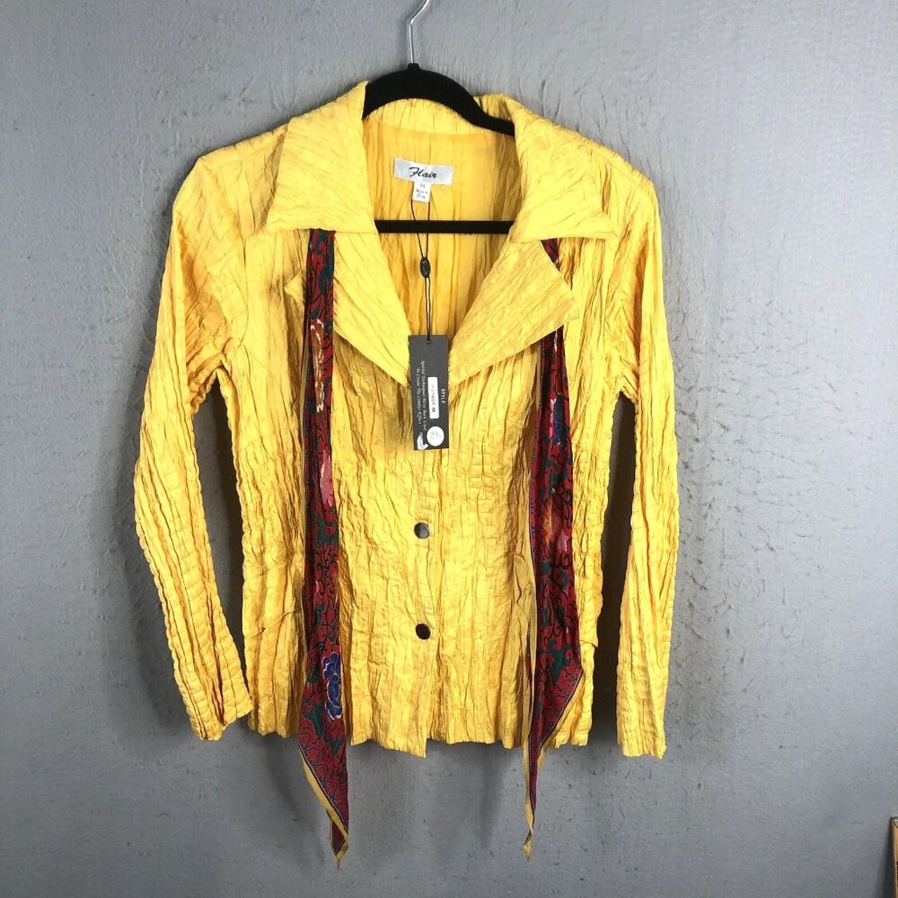 Flair Jacket Womens Medium Yellow Crinkle Accordion Art To Wear Bright Mod  NEW
